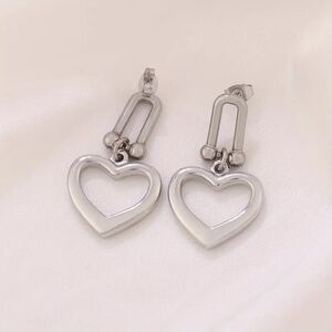 Stainless Steel Heart Drop Earrings with U-Bar Closure